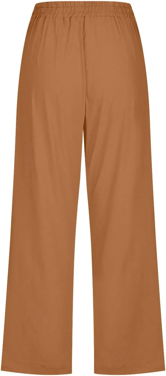 Mzkdieey Plus Size Capris Pants for Women Cotton Linen Summer 2025 Straight Wide Leg Drawstring Elastic Waist Cropped Trouser