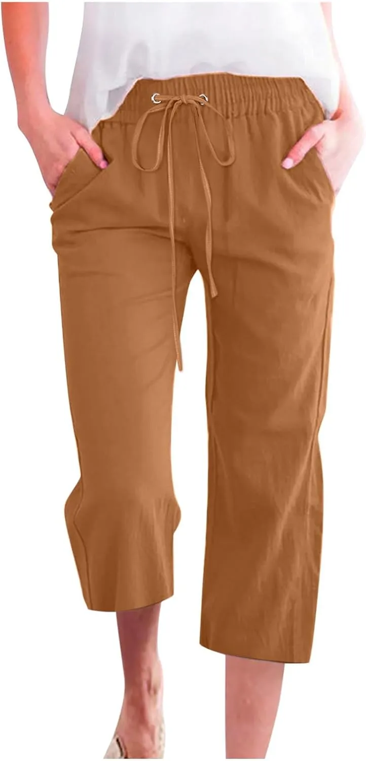 Mzkdieey Plus Size Capris Pants for Women Cotton Linen Summer 2025 Straight Wide Leg Drawstring Elastic Waist Cropped Trouser