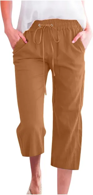Mzkdieey Plus Size Capris Pants for Women Cotton Linen Summer 2025 Straight Wide Leg Drawstring Elastic Waist Cropped Trouser