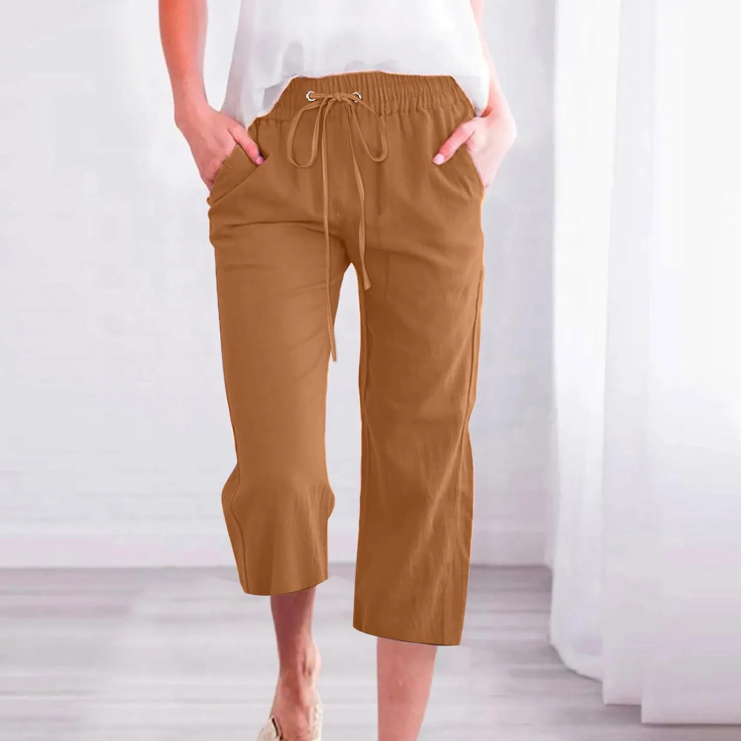 Mzkdieey Plus Size Capris Pants for Women Cotton Linen Summer 2025 Straight Wide Leg Drawstring Elastic Waist Cropped Trouser