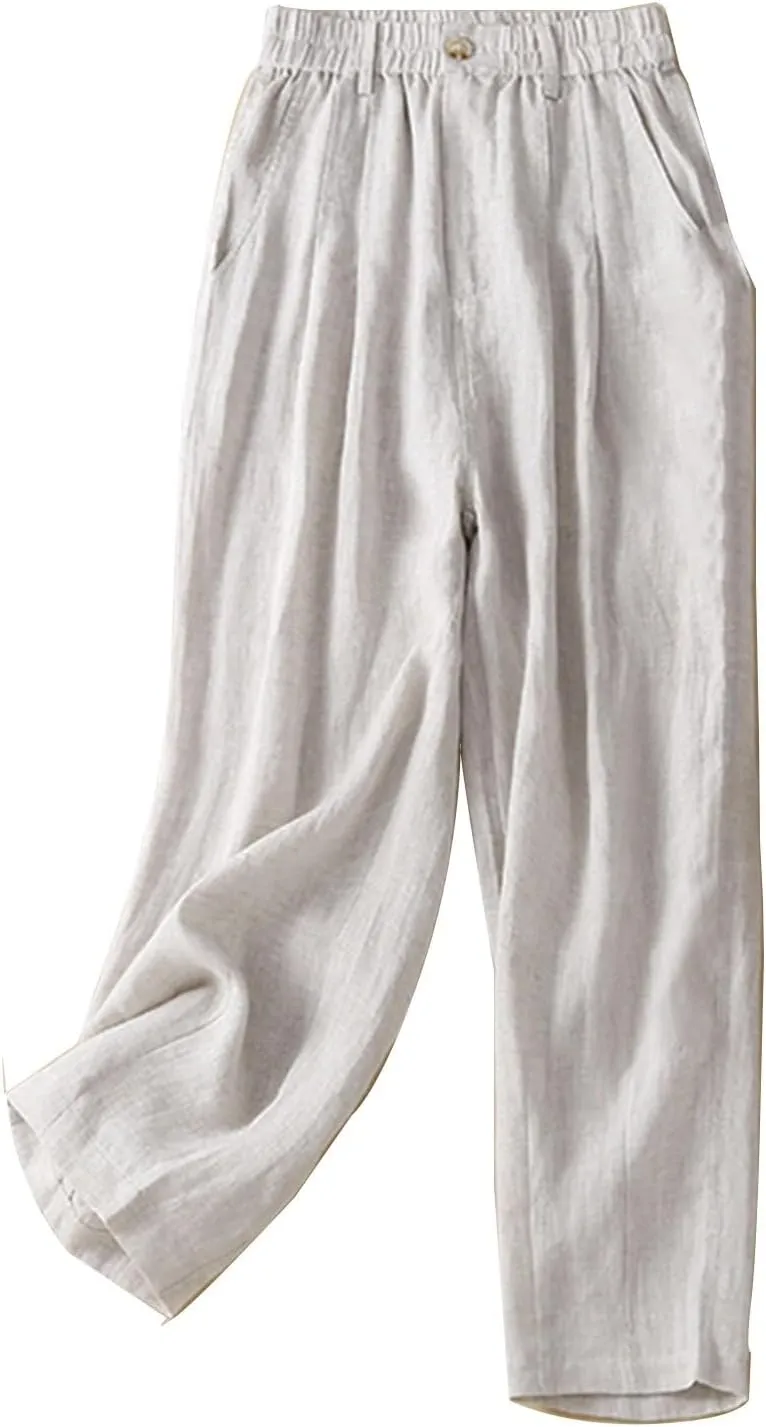Mzkdieey Women's Cotton Linen Straight Leg Pants Elastic Waist Baggy Casual Trousers with Pockets Summer Beach Lounge Pants