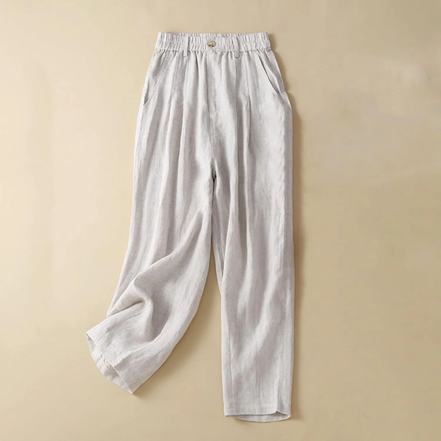 Mzkdieey Women's Cotton Linen Straight Leg Pants Elastic Waist Baggy Casual Trousers with Pockets Summer Beach Lounge Pants