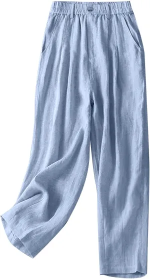 Mzkdieey Women's Cotton Linen Straight Leg Pants Elastic Waist Baggy Casual Trousers with Pockets Summer Beach Lounge Pants