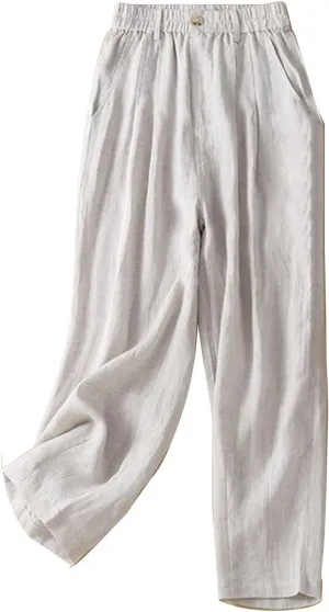 Mzkdieey Women's Cotton Linen Straight Leg Pants Elastic Waist Baggy Casual Trousers with Pockets Summer Beach Lounge Pants