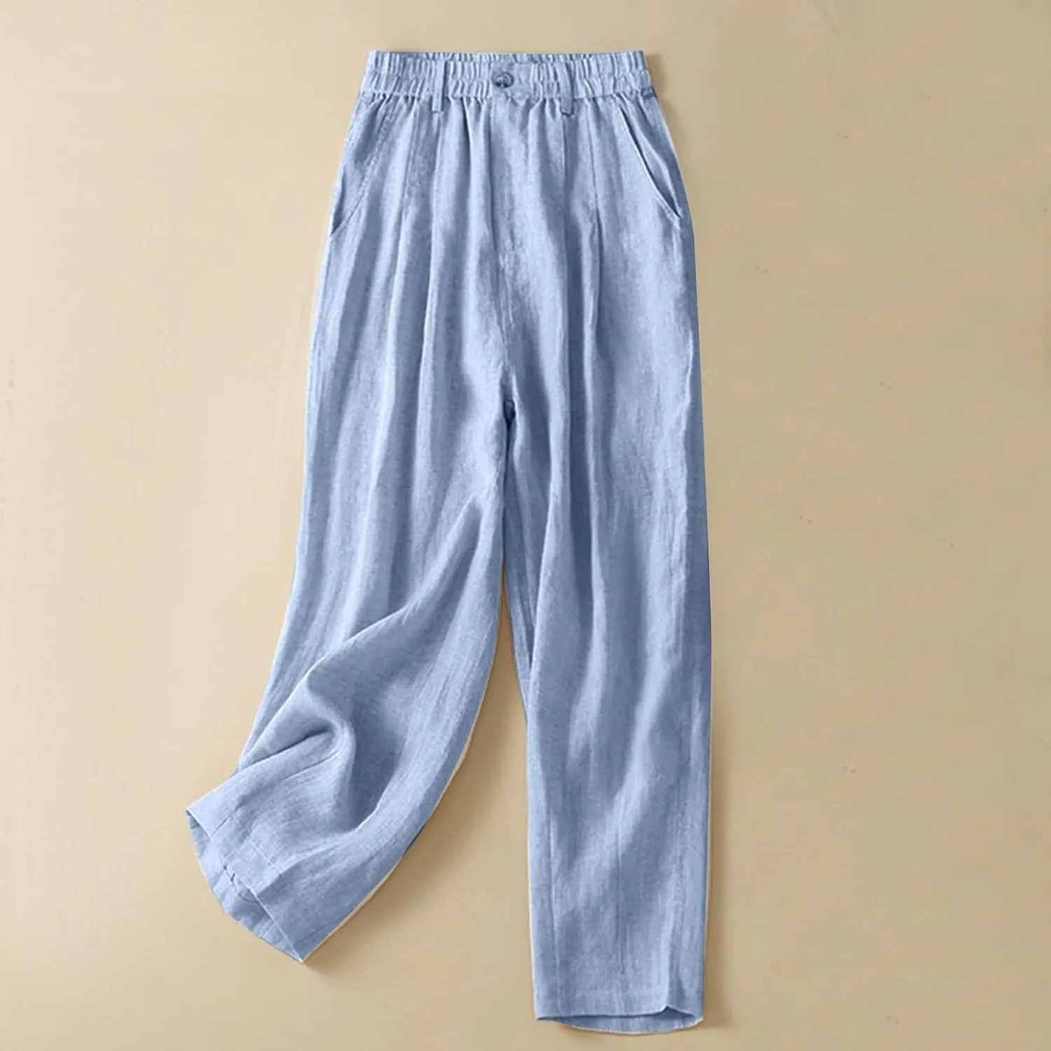 Mzkdieey Women's Cotton Linen Straight Leg Pants Elastic Waist Baggy Casual Trousers with Pockets Summer Beach Lounge Pants