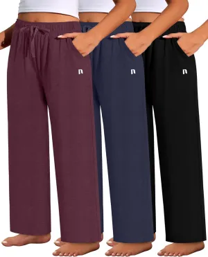 Neer 3 Pack Women's Plus Size Pants with Back Pockets, Wide Leg Casual Pants High Waist Lounge Elastic Drawstring Yoga Jogger