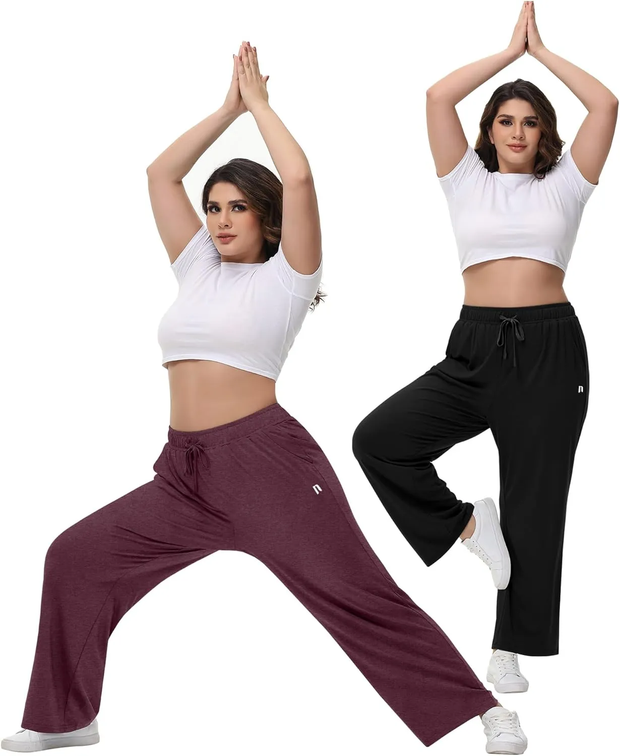 Neer 3 Pack Women's Plus Size Pants with Back Pockets, Wide Leg Casual Pants High Waist Lounge Elastic Drawstring Yoga Jogger