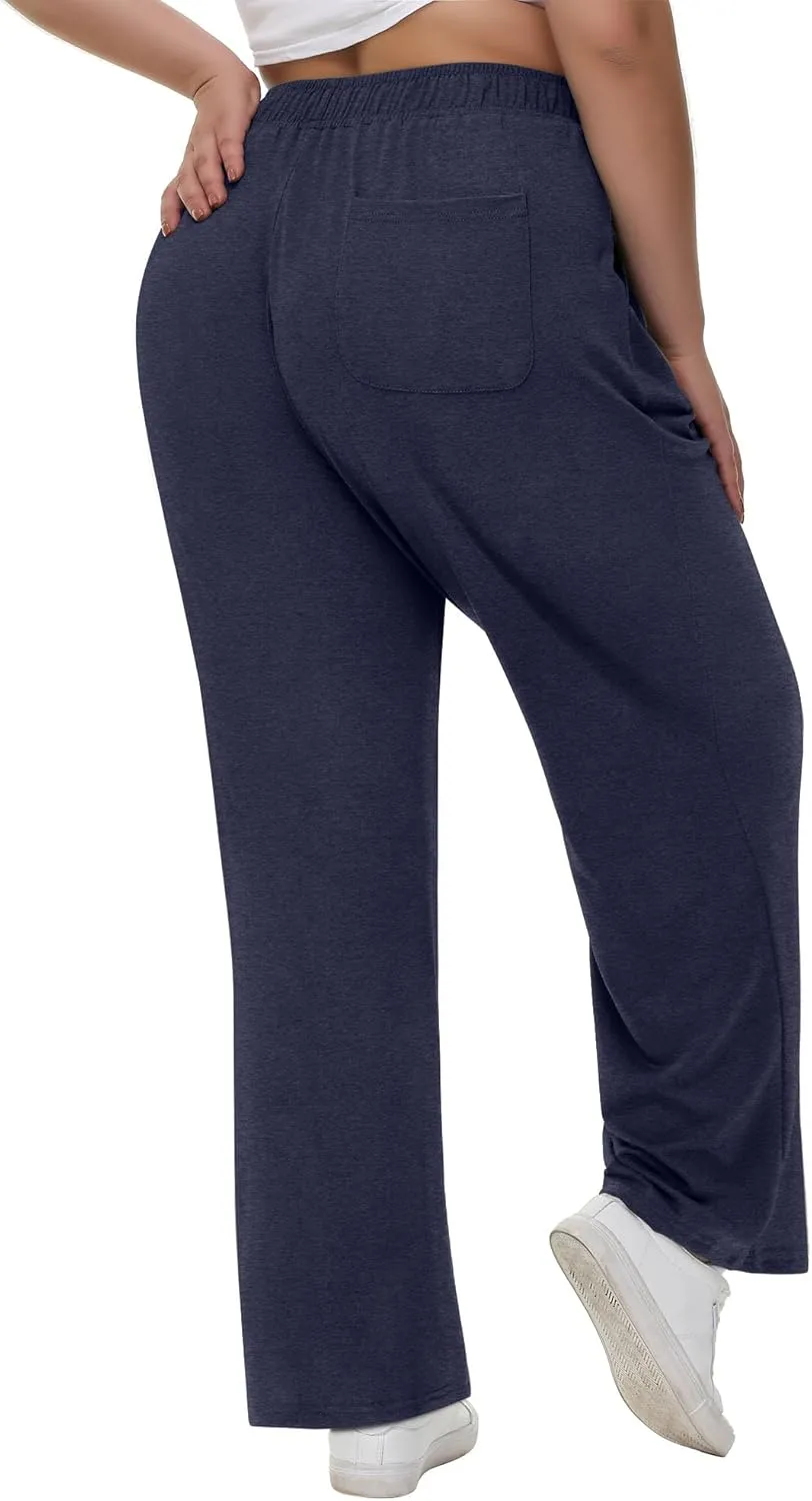 Neer 3 Pack Women's Plus Size Pants with Back Pockets, Wide Leg Casual Pants High Waist Lounge Elastic Drawstring Yoga Jogger