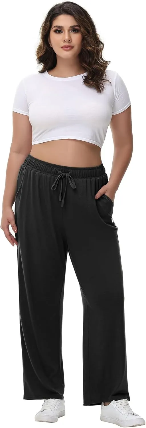 Neer 3 Pack Women's Plus Size Pants with Back Pockets, Wide Leg Casual Pants High Waist Lounge Elastic Drawstring Yoga Jogger