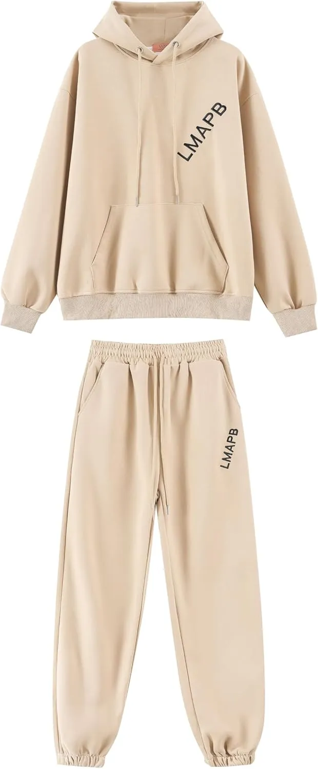 NeoStreet Luxe Hoodie Co-Ord Set: Urban Chill Flex 2-Piece Jogger Loungewear - Soft Knit Fabric, Relaxed Fit, US Alpha Small, Long Length, Beige Color for Women