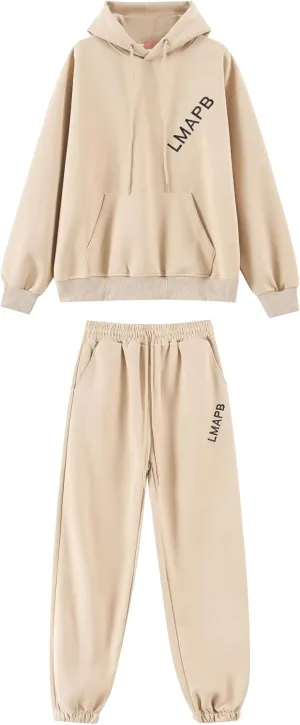 NeoStreet Luxe Hoodie Co-Ord Set: Urban Chill Flex 2-Piece Jogger Loungewear - Soft Knit Fabric, Relaxed Fit, US Alpha Small, Long Length, Beige Color for Women