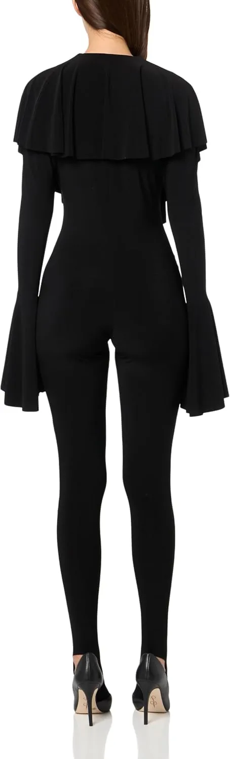 Norma Kamali womens Long Sleeve Deep V Ruffle Catsuit W/Footie