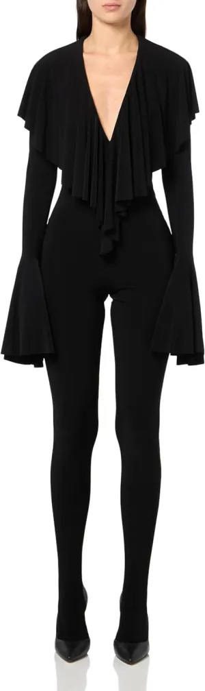 Norma Kamali womens Long Sleeve Deep V Ruffle Catsuit W/Footie