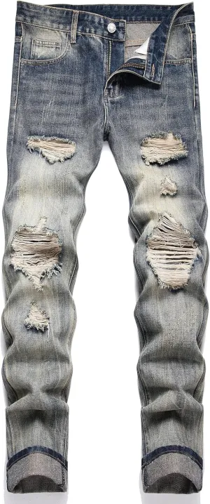 OIIIO Men's Ripped Slim Fit Straight Leg Jean Denim Pant