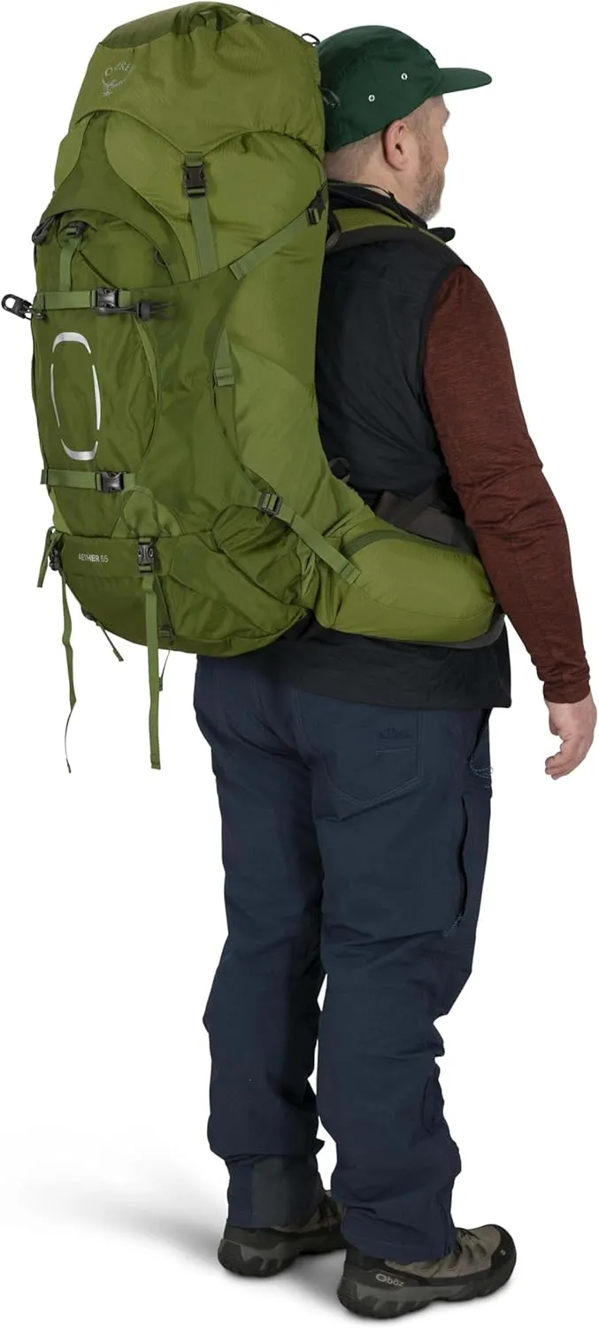 Osprey Aether 65L Men's Backpacking Backpack, Garlic Mustard Green, L/XL, Extended Fit