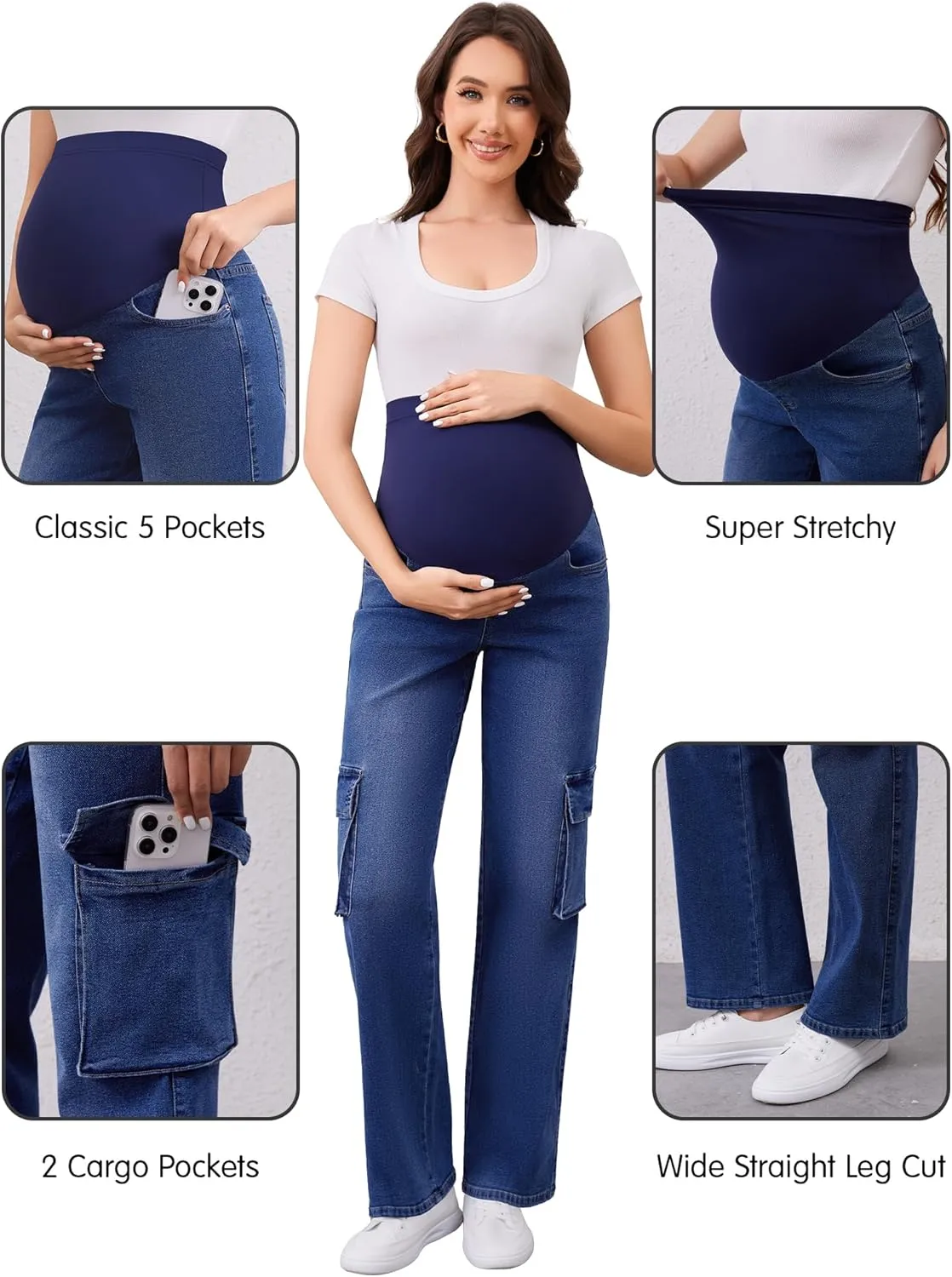 PACBREEZE Women's Maternity Jeans Cargo Straight Leg Relaxed Jeans Over Belly Comfy Denim Pregnancy Pants, S-XXL