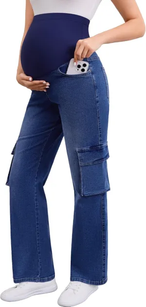 PACBREEZE Women's Maternity Jeans Cargo Straight Leg Relaxed Jeans Over Belly Comfy Denim Pregnancy Pants, S-XXL