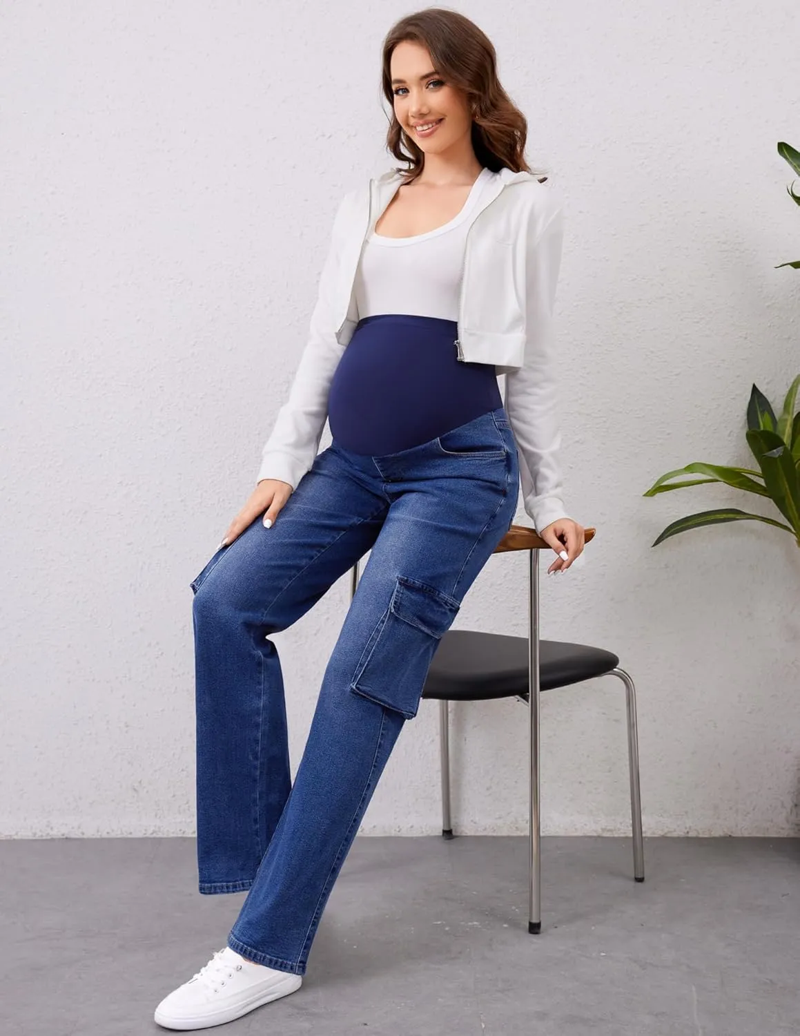 PACBREEZE Women's Maternity Jeans Cargo Straight Leg Relaxed Jeans Over Belly Comfy Denim Pregnancy Pants, S-XXL