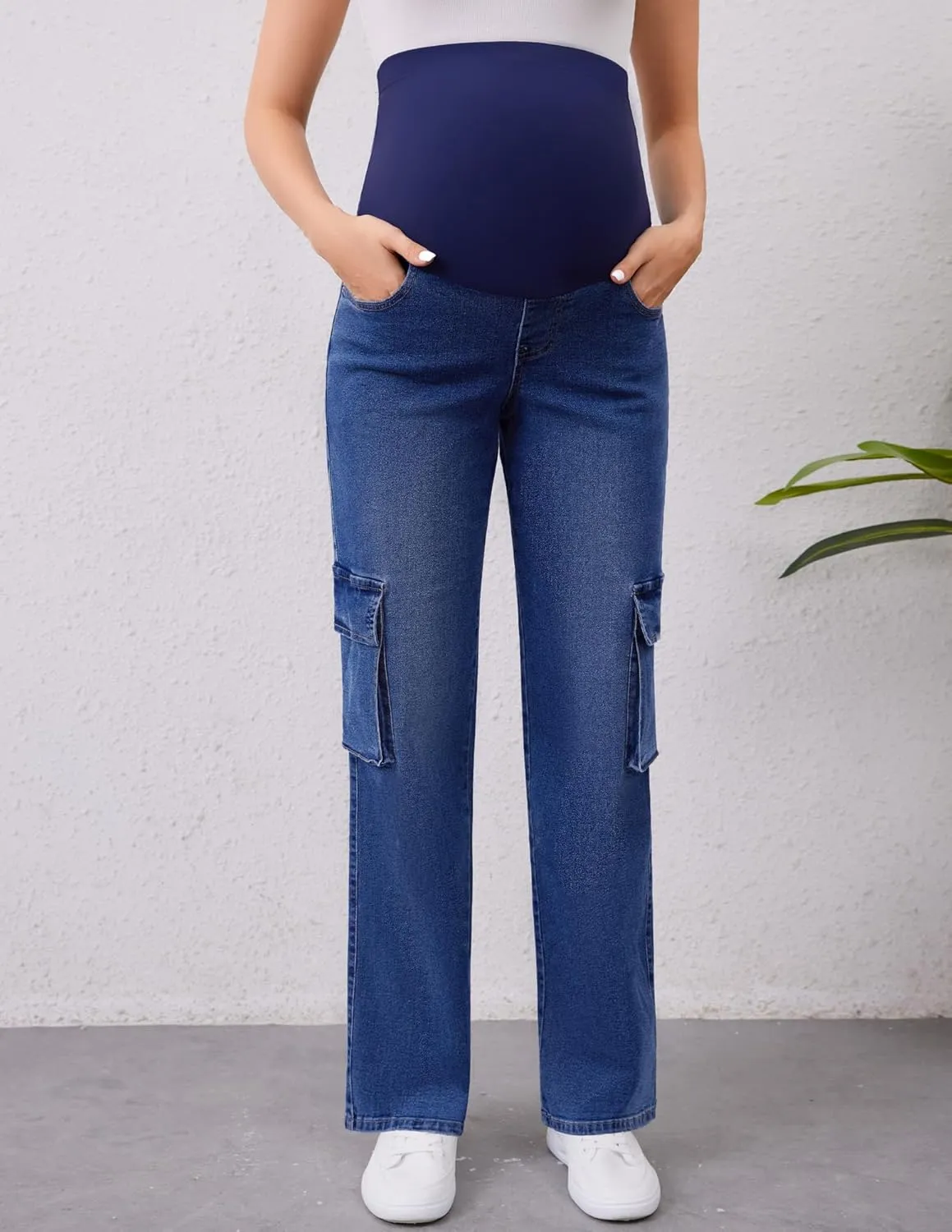 PACBREEZE Women's Maternity Jeans Cargo Straight Leg Relaxed Jeans Over Belly Comfy Denim Pregnancy Pants, S-XXL