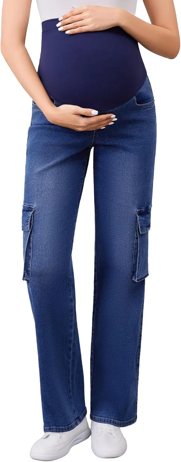 PACBREEZE Women's Maternity Jeans Cargo Straight Leg Relaxed Jeans Over Belly Comfy Denim Pregnancy Pants, S-XXL