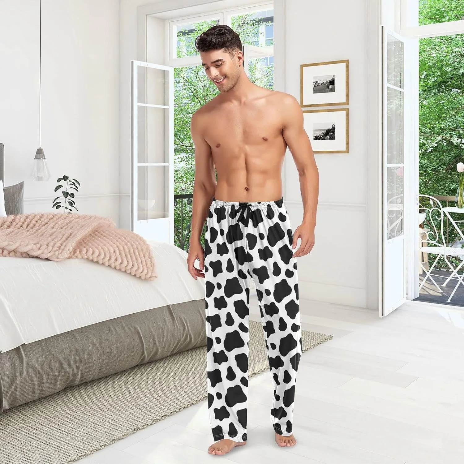 Pajama Pants for Men, Black and White Cow Print Men's Separate Bottoms, Lounge Pants, Relaxed Sleep Pant