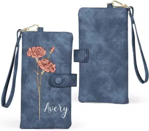 Personalized Wristlet Wallet for Women  Custom PU Leather Wallet with Name & Birthflower  Womens Wallet Purse with Gift Box  Mothers Day Gifts for Mom Her