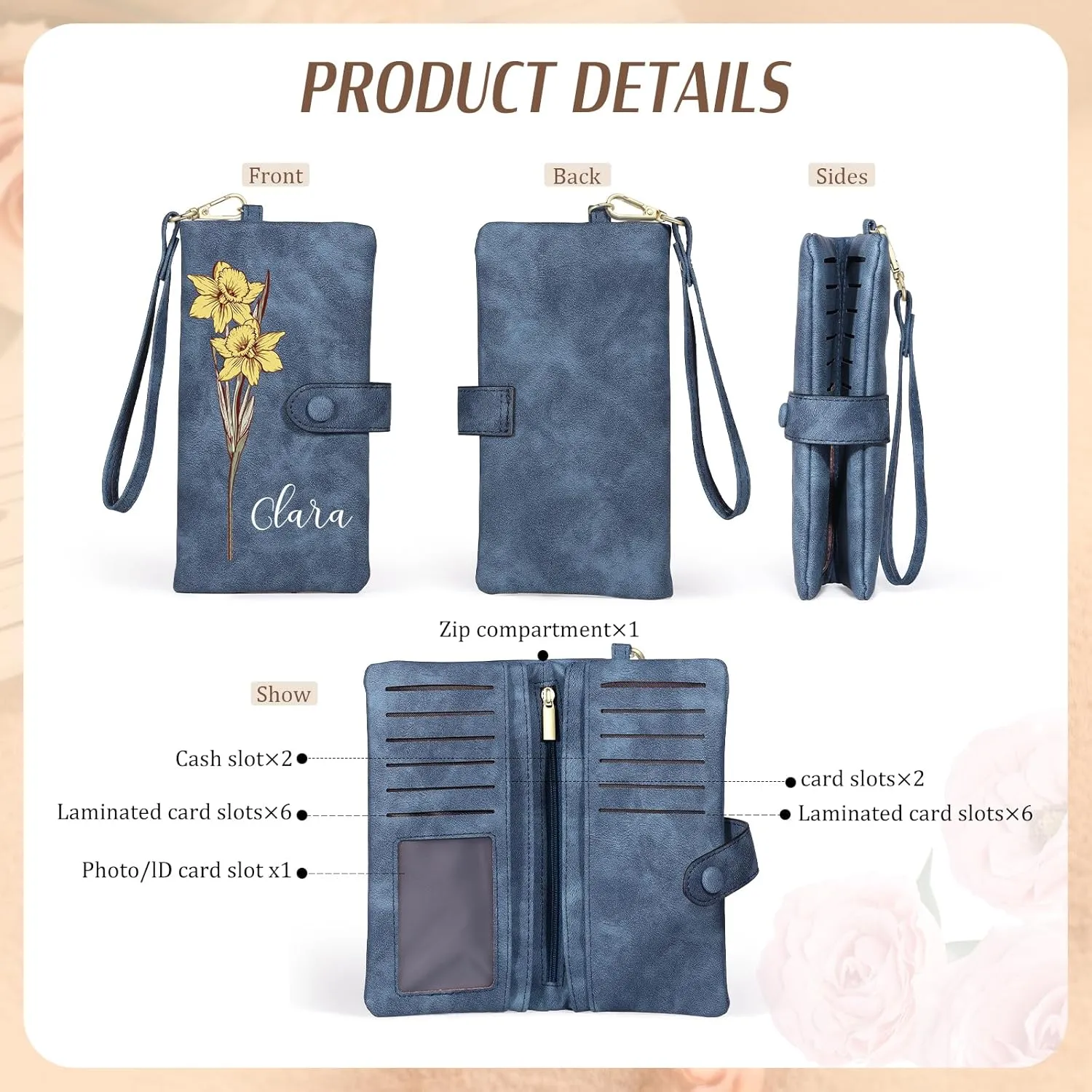 Personalized Wristlet Wallet for Women  Custom PU Leather Wallet with Name & Birthflower  Womens Wallet Purse with Gift Box  Mothers Day Gifts for Mom Her