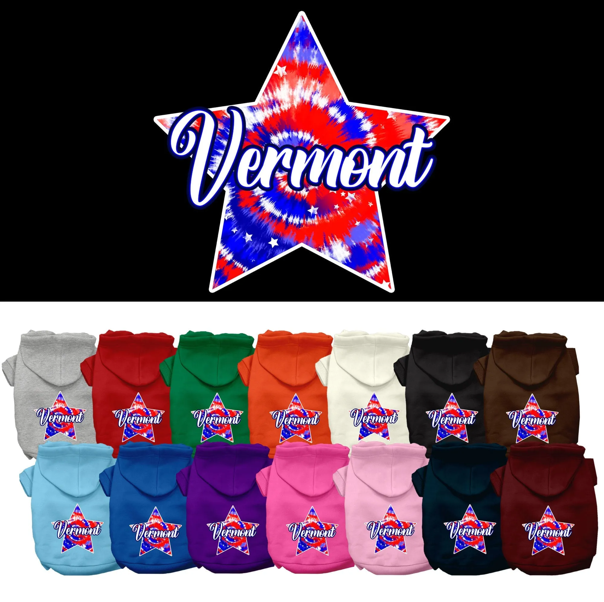 Pet Dog & Cat Screen Printed Hoodie for Medium to Large Pets (Sizes 2XL-6XL), "Vermont Patriotic Tie Dye"