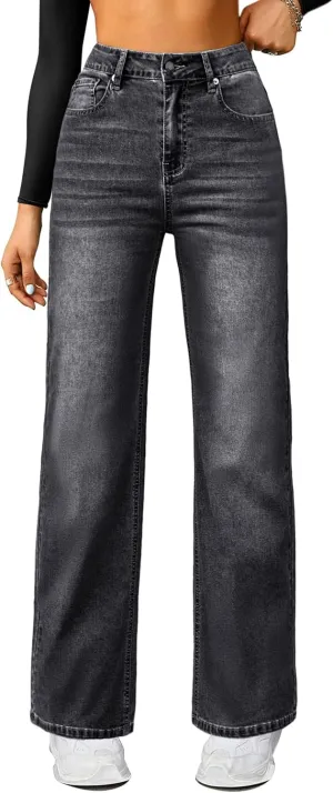 PLNOTME Women's High Waisted Baggy Jeans Straight Wide Leg Mom Denim Pants