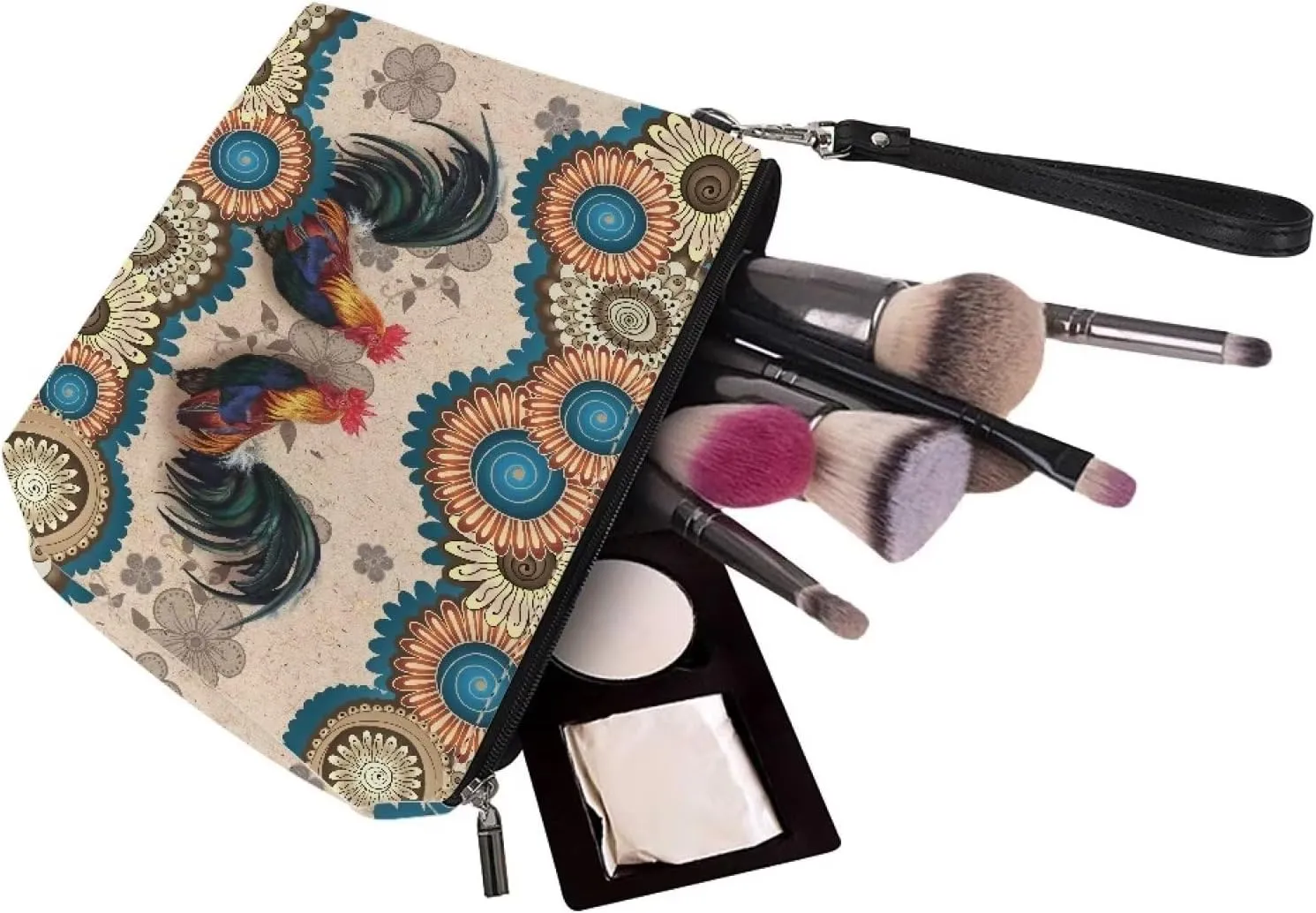 Poceacles Boho Mandala Chicken Print Makeup Bag PU Leather Waterproof Portable Toiletry Pouch Cosmetic Bag Daily Use Storage, Makeup Organizer Travel Essentials for Women Ladies Gift