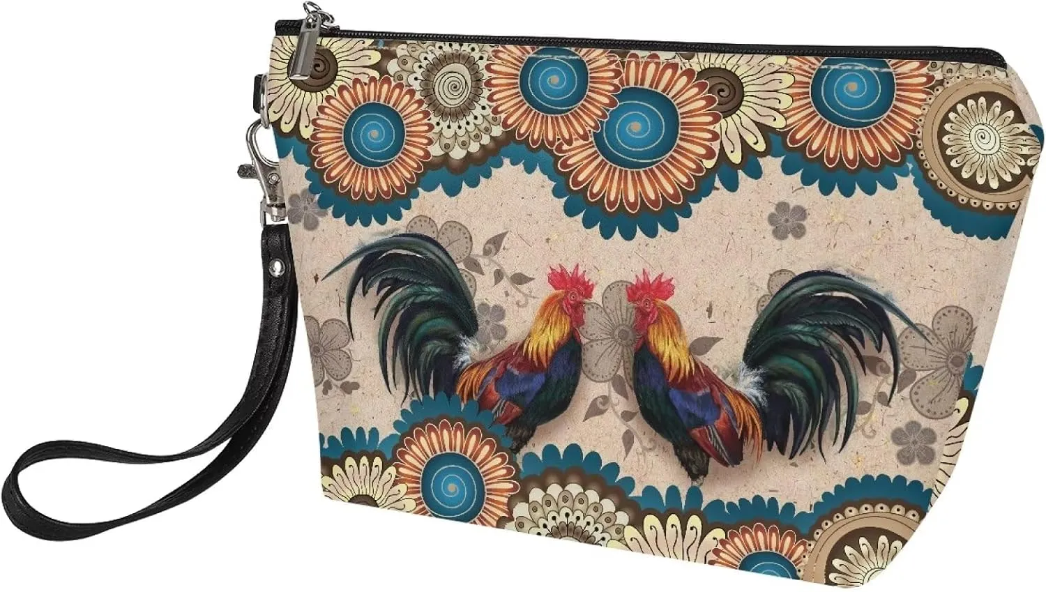 Poceacles Boho Mandala Chicken Print Makeup Bag PU Leather Waterproof Portable Toiletry Pouch Cosmetic Bag Daily Use Storage, Makeup Organizer Travel Essentials for Women Ladies Gift