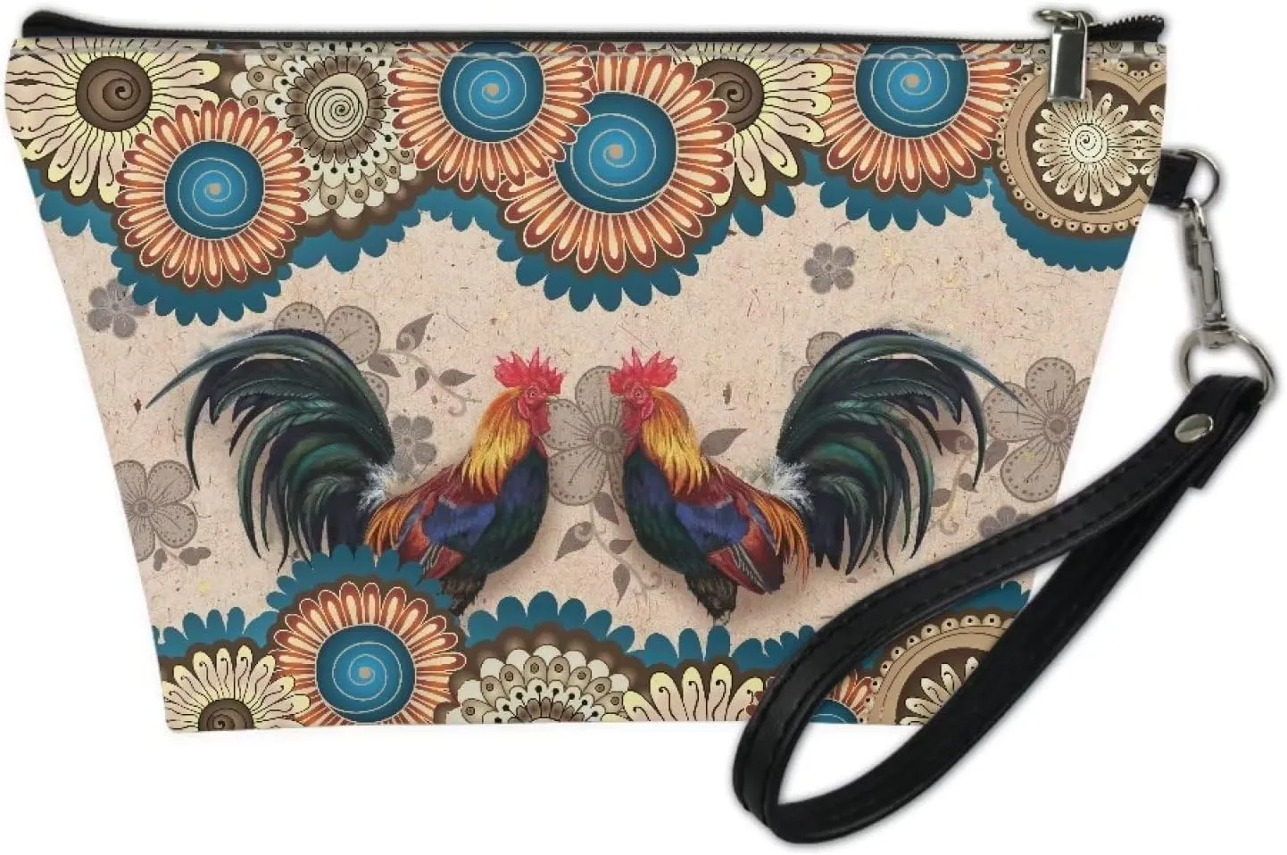 Poceacles Boho Mandala Chicken Print Makeup Bag PU Leather Waterproof Portable Toiletry Pouch Cosmetic Bag Daily Use Storage, Makeup Organizer Travel Essentials for Women Ladies Gift