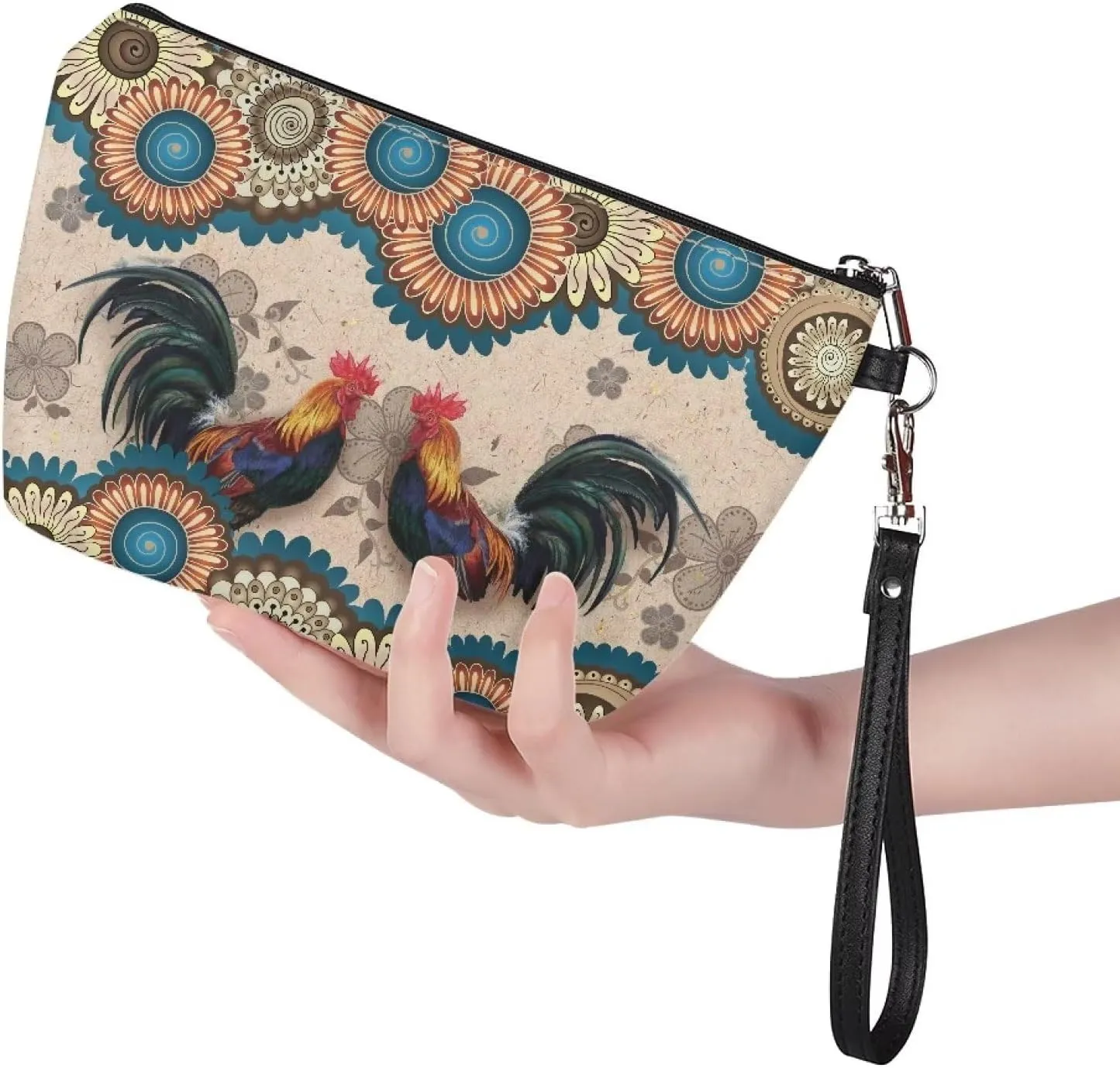 Poceacles Boho Mandala Chicken Print Makeup Bag PU Leather Waterproof Portable Toiletry Pouch Cosmetic Bag Daily Use Storage, Makeup Organizer Travel Essentials for Women Ladies Gift
