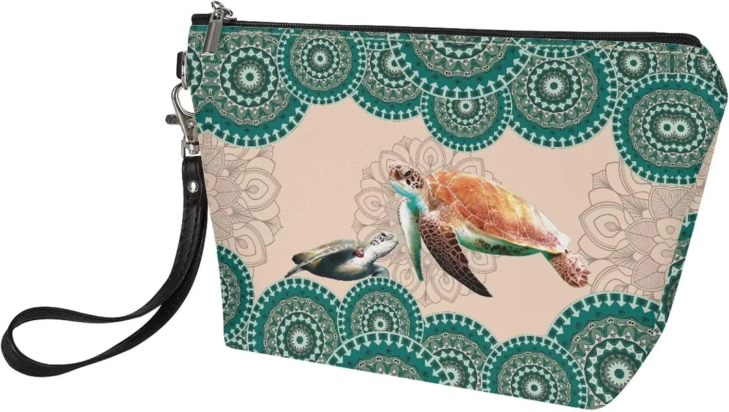 Poceacles Boho Mandala Turtle Print Makeup Bag PU Leather Waterproof Portable Toiletry Pouch Cosmetic Bag Daily Use Storage, Makeup Organizer Travel Essentials for Women Ladies Gift
