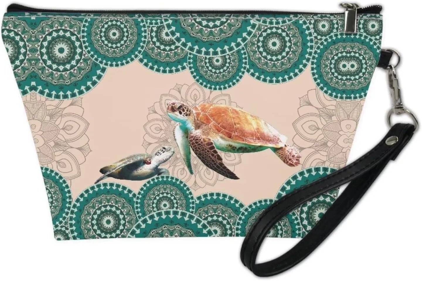Poceacles Boho Mandala Turtle Print Makeup Bag PU Leather Waterproof Portable Toiletry Pouch Cosmetic Bag Daily Use Storage, Makeup Organizer Travel Essentials for Women Ladies Gift