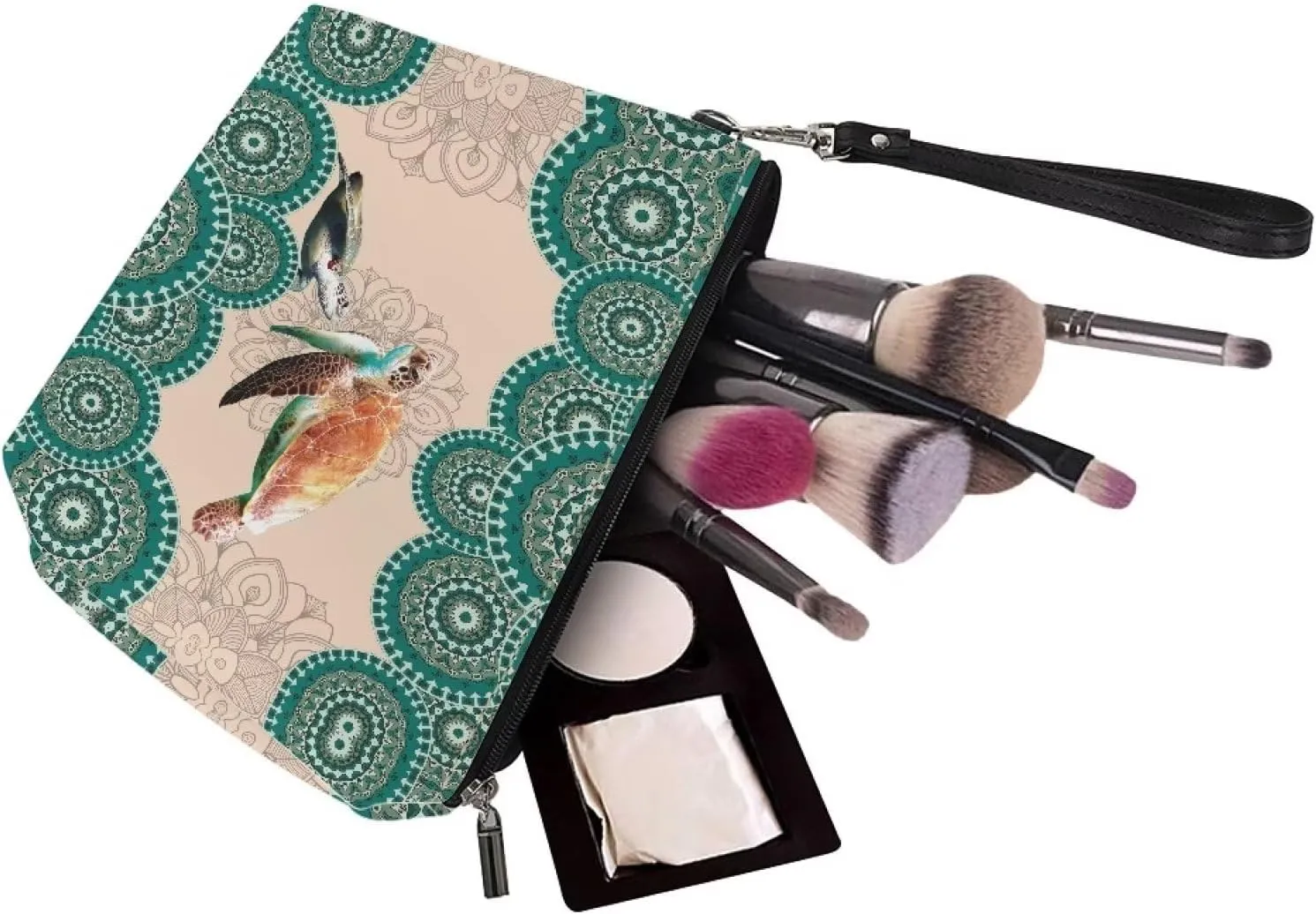 Poceacles Boho Mandala Turtle Print Makeup Bag PU Leather Waterproof Portable Toiletry Pouch Cosmetic Bag Daily Use Storage, Makeup Organizer Travel Essentials for Women Ladies Gift