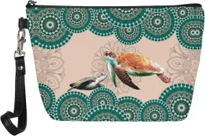 Poceacles Boho Mandala Turtle Print Makeup Bag PU Leather Waterproof Portable Toiletry Pouch Cosmetic Bag Daily Use Storage, Makeup Organizer Travel Essentials for Women Ladies Gift