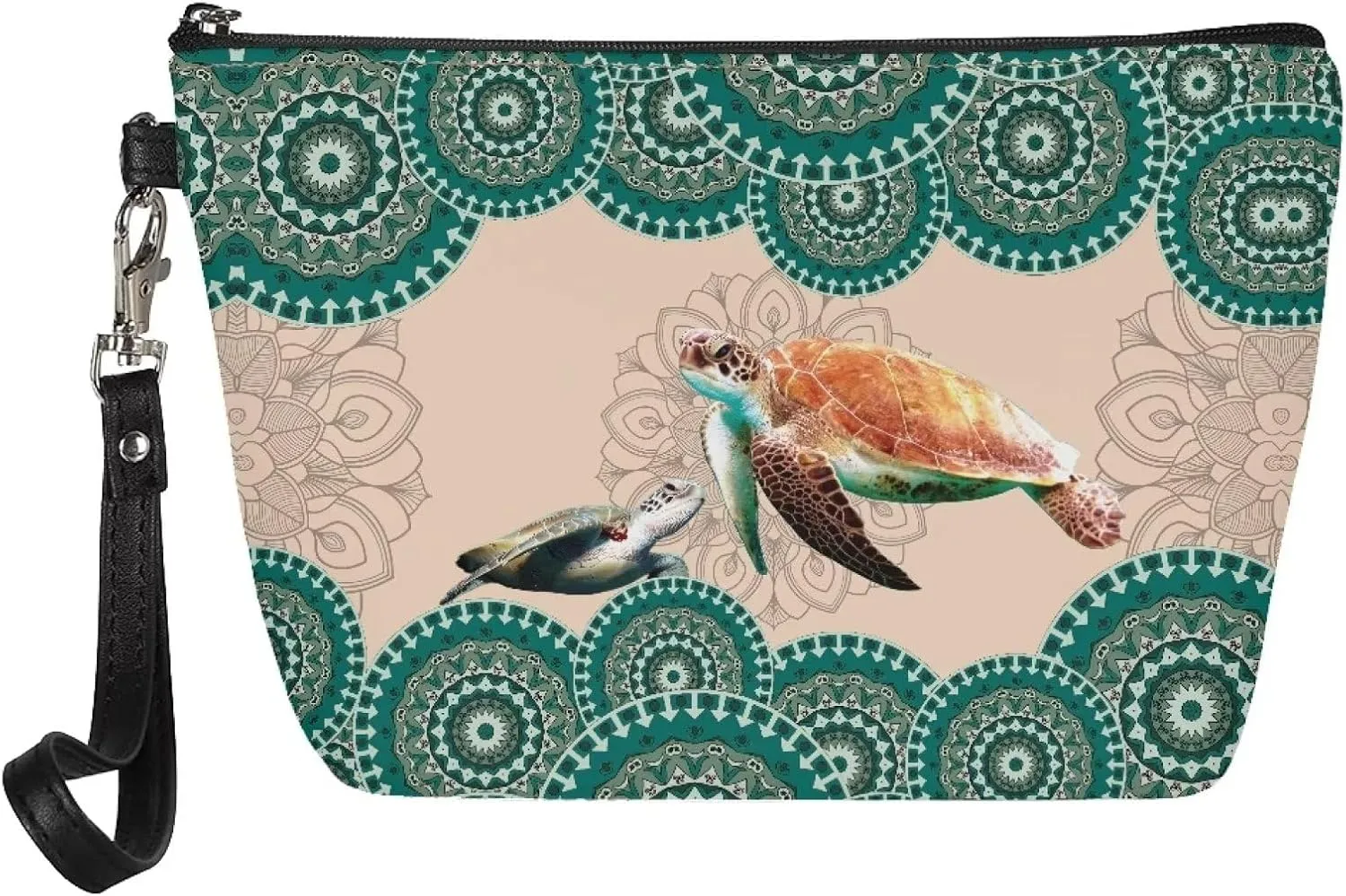 Poceacles Boho Mandala Turtle Print Makeup Bag PU Leather Waterproof Portable Toiletry Pouch Cosmetic Bag Daily Use Storage, Makeup Organizer Travel Essentials for Women Ladies Gift