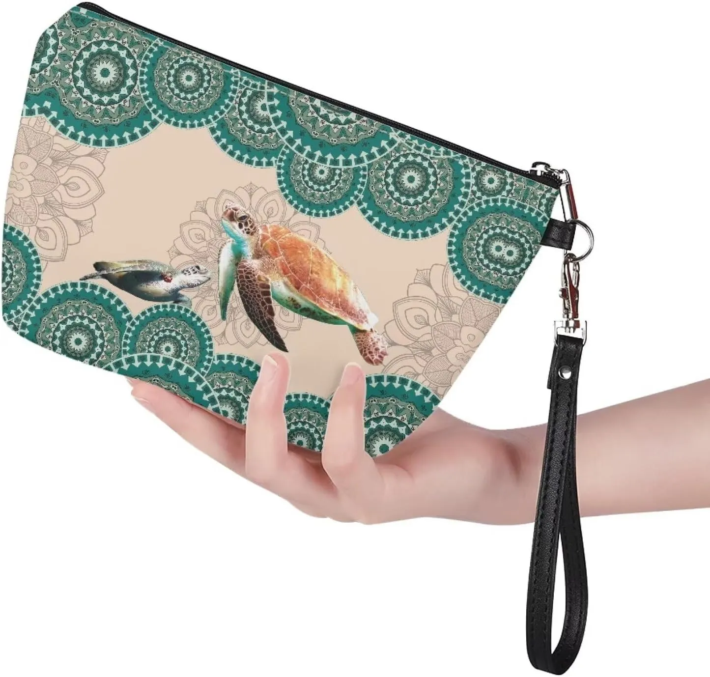 Poceacles Boho Mandala Turtle Print Makeup Bag PU Leather Waterproof Portable Toiletry Pouch Cosmetic Bag Daily Use Storage, Makeup Organizer Travel Essentials for Women Ladies Gift