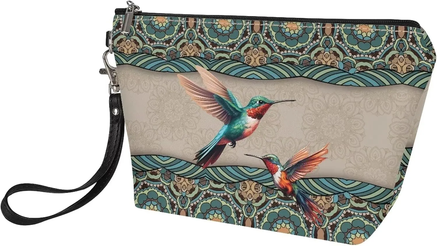 Poceacles Makeup Bag PU Leather Waterproof Portable Toiletry Pouch Cosmetic Bag Daily Use Storage, Bohemian Mandala Hummingbird Makeup Organizer Travel Essentials for Women Ladies Gift