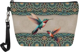 Poceacles Makeup Bag PU Leather Waterproof Portable Toiletry Pouch Cosmetic Bag Daily Use Storage, Bohemian Mandala Hummingbird Makeup Organizer Travel Essentials for Women Ladies Gift