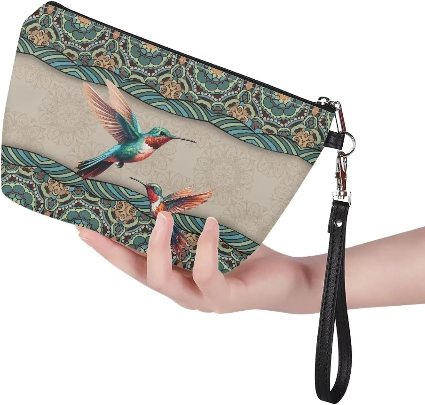 Poceacles Makeup Bag PU Leather Waterproof Portable Toiletry Pouch Cosmetic Bag Daily Use Storage, Bohemian Mandala Hummingbird Makeup Organizer Travel Essentials for Women Ladies Gift