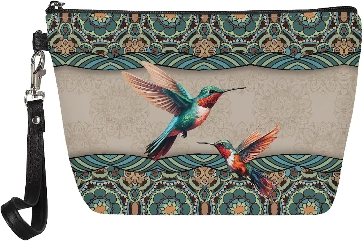 Poceacles Makeup Bag PU Leather Waterproof Portable Toiletry Pouch Cosmetic Bag Daily Use Storage, Bohemian Mandala Hummingbird Makeup Organizer Travel Essentials for Women Ladies Gift