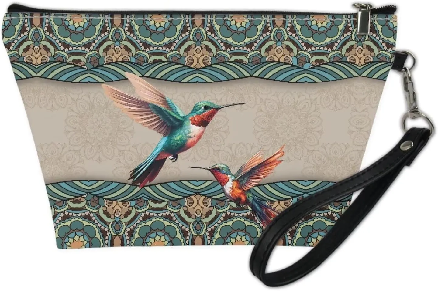 Poceacles Makeup Bag PU Leather Waterproof Portable Toiletry Pouch Cosmetic Bag Daily Use Storage, Bohemian Mandala Hummingbird Makeup Organizer Travel Essentials for Women Ladies Gift