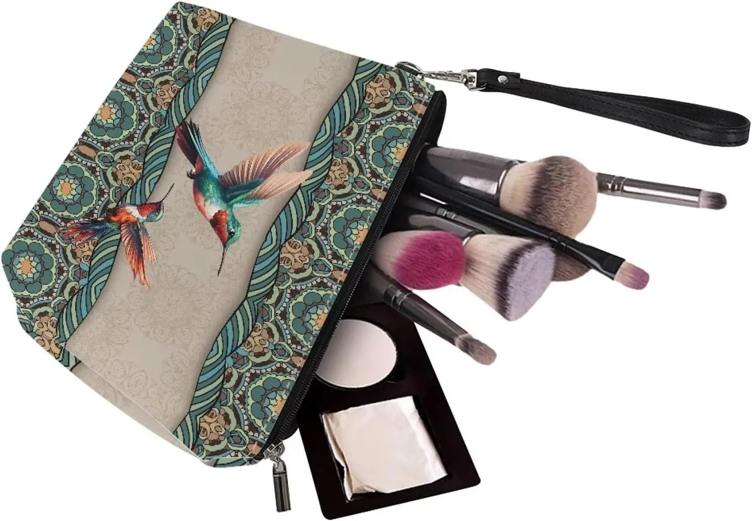 Poceacles Makeup Bag PU Leather Waterproof Portable Toiletry Pouch Cosmetic Bag Daily Use Storage, Bohemian Mandala Hummingbird Makeup Organizer Travel Essentials for Women Ladies Gift