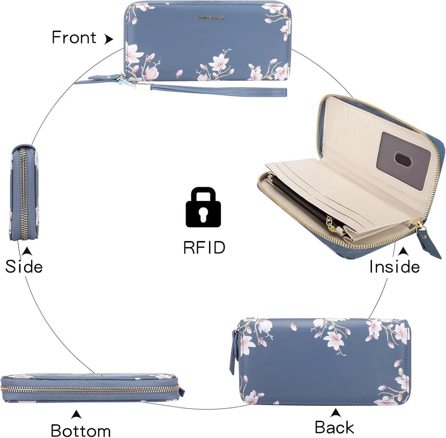 Pomelo Best Womens Wallet RFID Blocking Leather Multi Credit Card Large Capacity Zip Around Wallets Clutch Wristlet Travel Long Purse for Women Blue