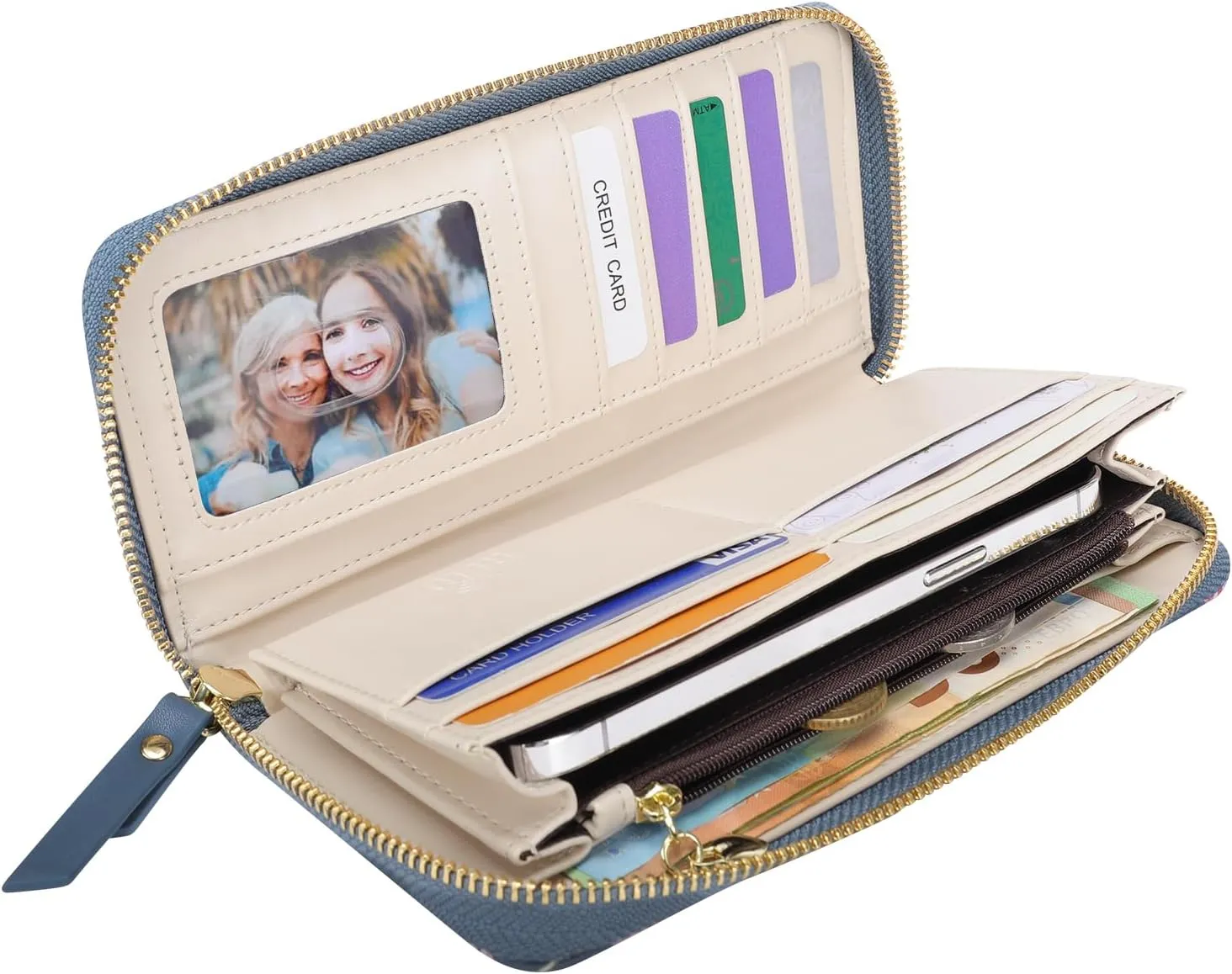 Pomelo Best Womens Wallet RFID Blocking Leather Multi Credit Card Large Capacity Zip Around Wallets Clutch Wristlet Travel Long Purse for Women Blue