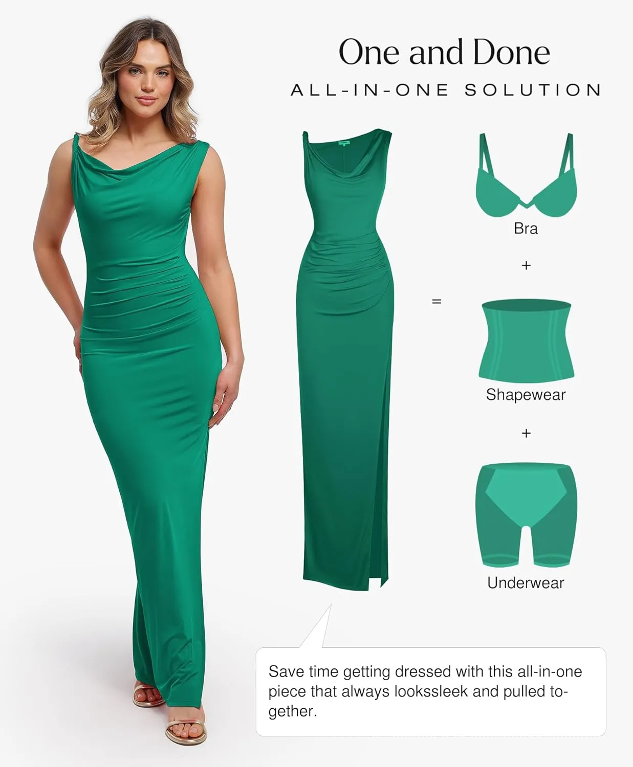 Popilush Formal Dresses for Women - Shapewear Cowl Neck Maxi Ruched Bodycon Gowns with Slit - Prom Dress Wedding Guest