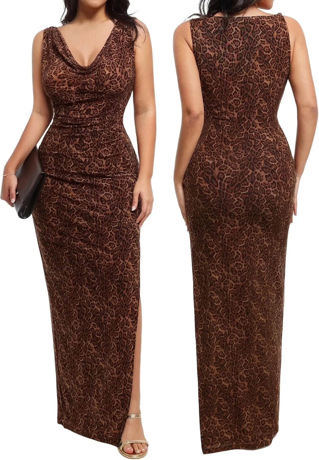 Popilush Formal Dresses for Women - Shapewear Cowl Neck Maxi Ruched Bodycon Gowns with Slit - Prom Dress Wedding Guest