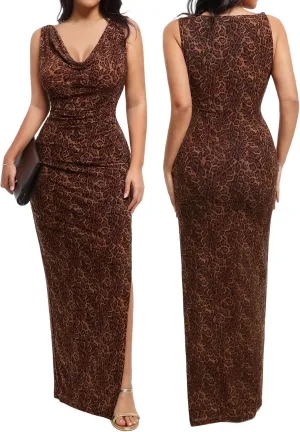 Popilush Formal Dresses for Women - Shapewear Cowl Neck Maxi Ruched Bodycon Gowns with Slit - Prom Dress Wedding Guest